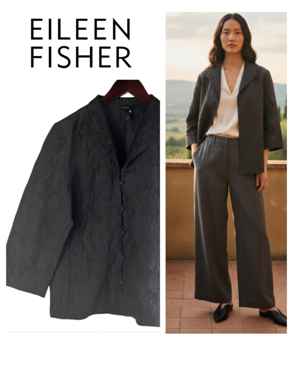 Eileen Fisher Blouse Shirt Top Sz Small Crinkle 100% SILK Dark Brown Career